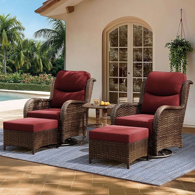 HILLGA Luxury Patio Furniture Set with 6-Inch Thick Cushions, High Back Outdoor Swivel Rocker Chairs and Ottoman, 5-Piece All Weather Conversation Set for Porch Deck Balcony Yard, Burgundy (V3)
