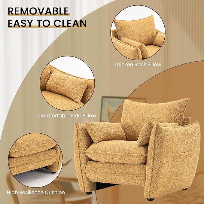 Chenille Oversized Accent Chairs, Modern Oversized Armchair with Removable Pillow, Comfy Living Room Chair with Side Pocket Storage for Bedroom, Office, Yellow