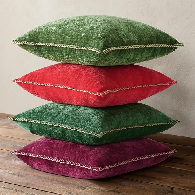 decorUhome Christmas Chenille Soft Throw Pillow Covers 22x22 Set of 2, Farmhouse Velvet Neutral Decorative Euro Pillow Covers with Stitched Edge for Couch Sofa Bed Home Decor, Christmas Red
