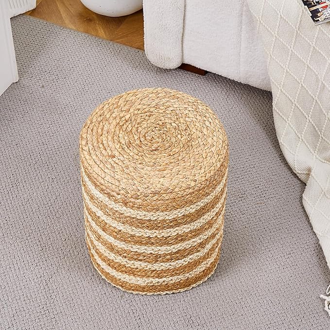 Wimarsbon Ottoman Natural Seagrass Foot Rest Stool Hand Weave Round Foot Stool Pouf Boho Vanity Stools with Non-Skid Mat for Living Room Bedroom Hallway