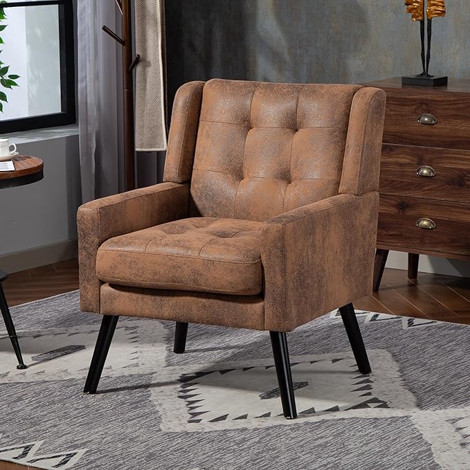 Mid-Century Modern Accent Chair, Plush Suede Fabric with Button Tufted High Back & 5" Thick Cushion, High Comfort Reading Chair for Living Room, Bedroom, Office (Brown)