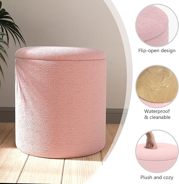 Ottoman Poufs with Storage, Set of 2 Soft Upholstered Vanity Stool,Multifunctional Ottomans Coffee Table Padded Seat Foot Rest for Living(Pink, Pack of 2)
