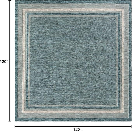 Unique Loom Outdoor Border Collection Area Rug - Soft Border (10' Square Teal/Ivory)
