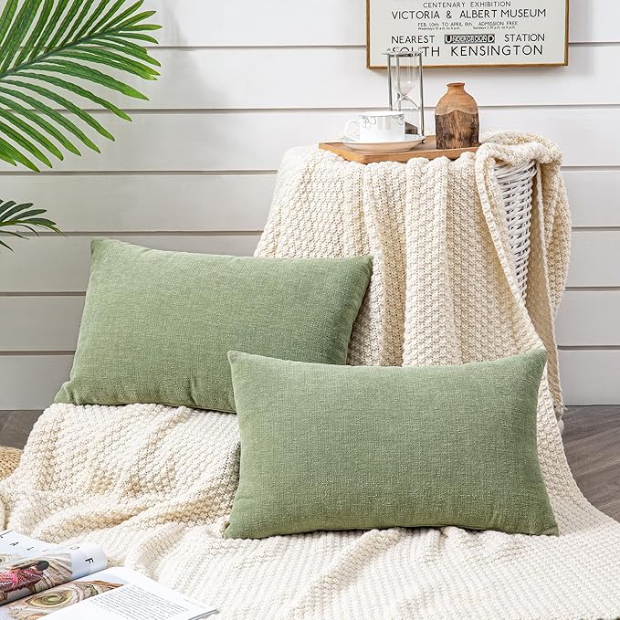 GAWAMAY Lumbar Decorative Rectangle Throw Pillow Covers 12"x20" Inch Set of 2, Super Soft Chenille Throw Pillowcase for Sofa Living Room Bedroom Couch Cushion Cover Sage Green 30x50cm (ONLY Covers)
