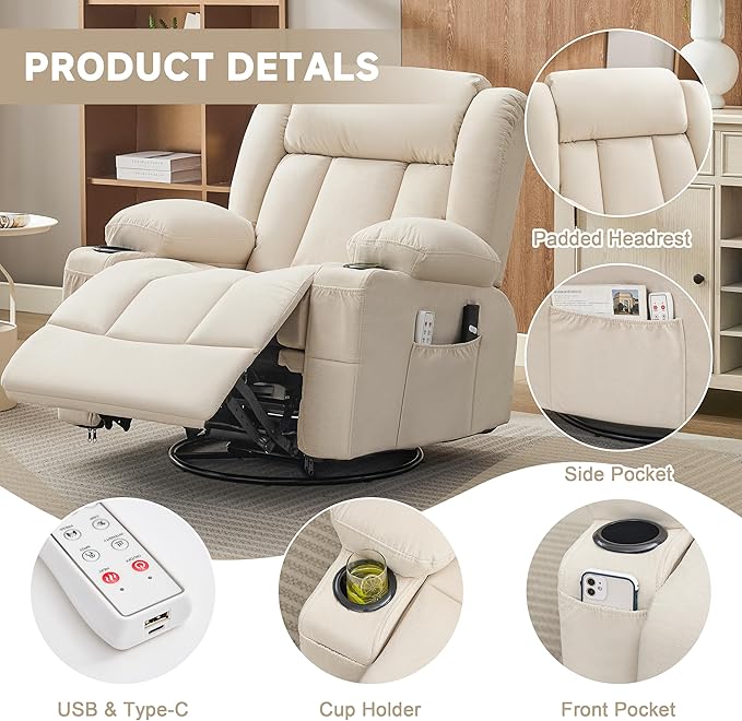 Power Swivel Rocker Recliner Chair with Heat and Massage, USB and Type-C Charging Port, Electric Glider Rocking Chairs, Oversized Recliner Chairs for Adults(Fabric, Beige)