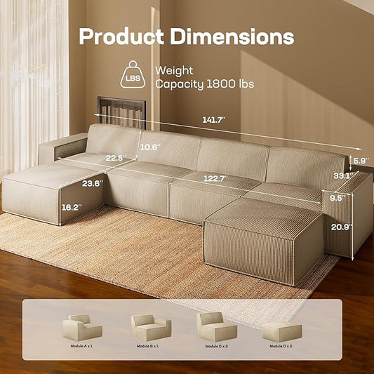Marsail Modular Sectional Sofa, 142" U-Shaped Modular Sectional Couch with Deep Seat, Freely Combinable Sectional Cloud Sofa for Living Room, No Assembly, Plush Corduroy Fabric, Beige