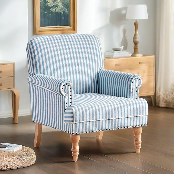 HUIMO Linen Fabric Accent Chair, Mid-Century Modern Armchair with Solid Wood Legs, Single Sofa Chair,Upholstered Reading Club Chair (1, Blue and White Stripe)