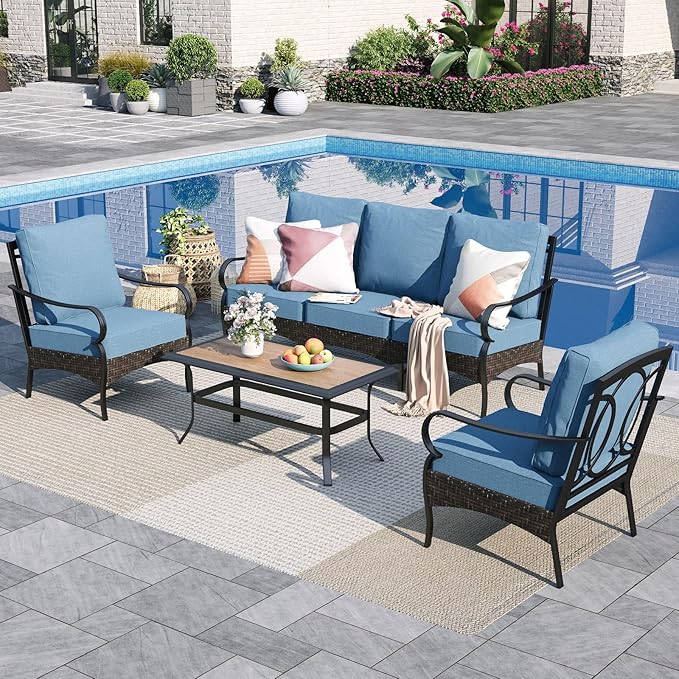 Sophia & William Patio Furniture Set, 4 Piece Metal Outdoor Conversation Set with 3-Seater Outdoor Couch, 2 Sofa Chairs, 1 Coffee Table for Outdoor Seating, Backyard, Porch(Navy Blue)