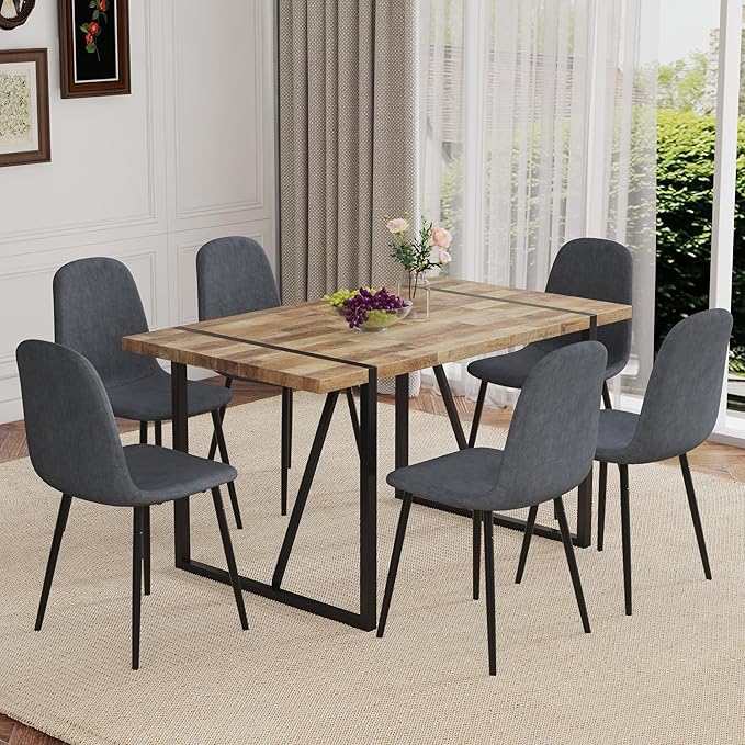 7 Piece Dining Table Set,Dinner Table Set for 6,55'' Kitchen Table and PU Leather Chairs Set of 6,6 Chair Dining Table Set for Kitchen Dining Room