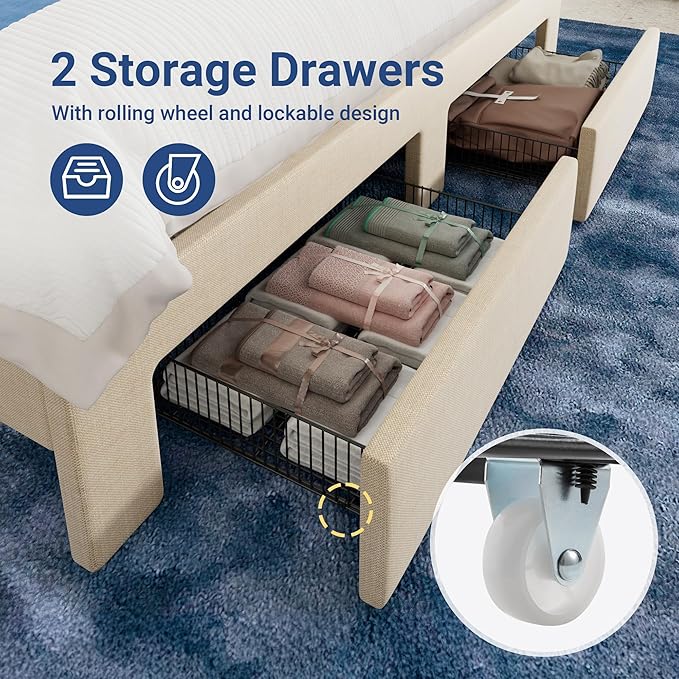 Allewie Vertical Tufted Full Size Upholstered Platform Bed Frame with 2-Tier LED Storage Headboard & 2 Storage Drawers, USB & Type-C Charging Ports, Noise-Free/No Box Spring Needed, Beige
