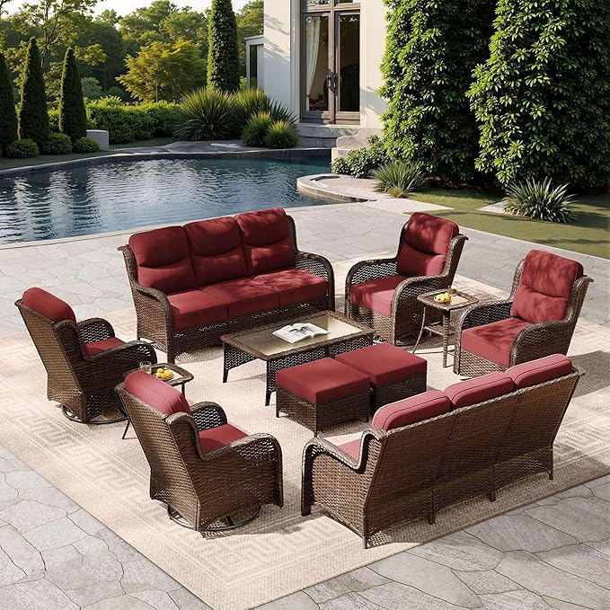 HILLGA Luxury Patio Furniture Set with 6-Inch Thick Cushions, High Back Outdoor Swivel Rocker Chairs and Patio Couch, 11-Piece All Weather Conversation Set for Porch Deck Pool Yard, Burgundy (V3)
