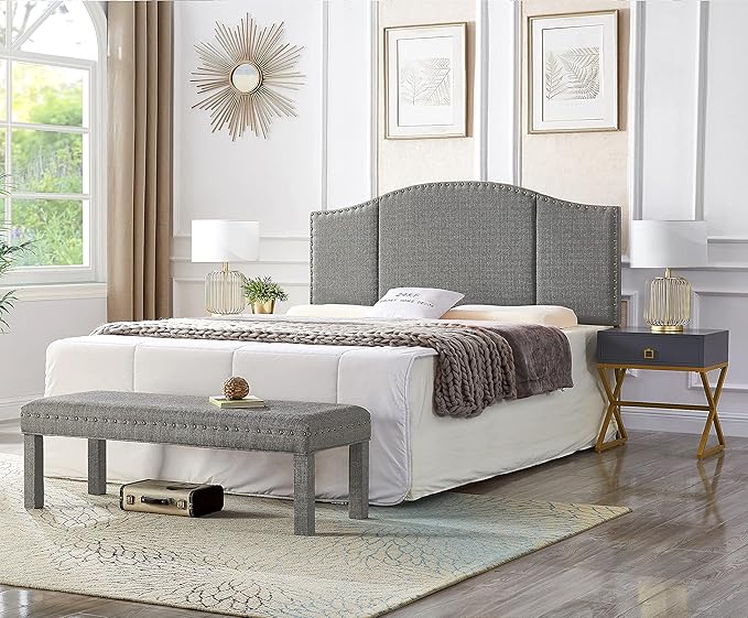 24KF Middle Century Linen Upholstered Tufted King Size Headboard with Antique Brass Nail Heads Trim King/California King headboard-Granite