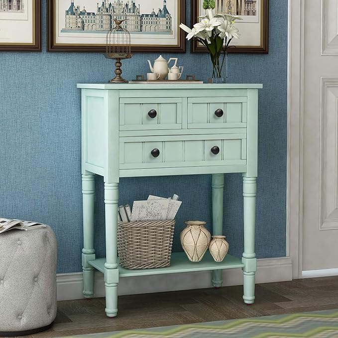Knocbel Slim Antique Entry Console Table with Drawers & Bottom Open Shelf, Solid Wood Sofa Couch Table for Entryway Hallway Living Room (Mint Green)
