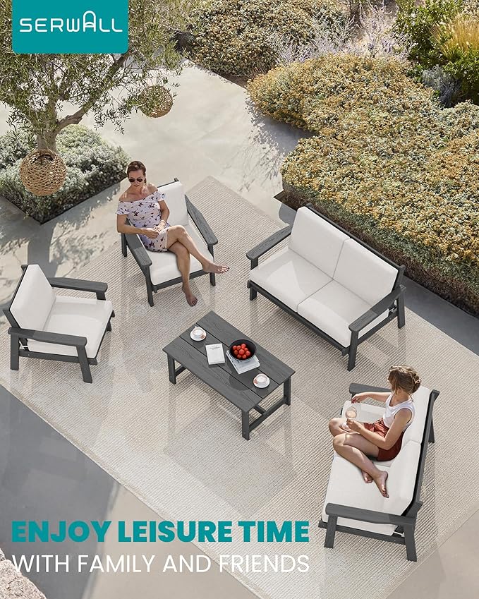 SERWALL HDPE Patio Furniture Set, 5 Piece All Weather Wood-Like Sectional Outdoor Furniture Set, Grey Patio Sofa Couch with Khaki Cushions for Deck, Lawn