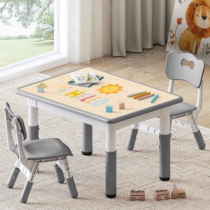 Kids Study Table and Chairs Set, Height Adjustable Toddler Table and Chair Set for Kids Ages 3-8, 31.5" L x 23.6" W Graffiti Desktop Plastic Children Art Table with 2 Seats, Grey