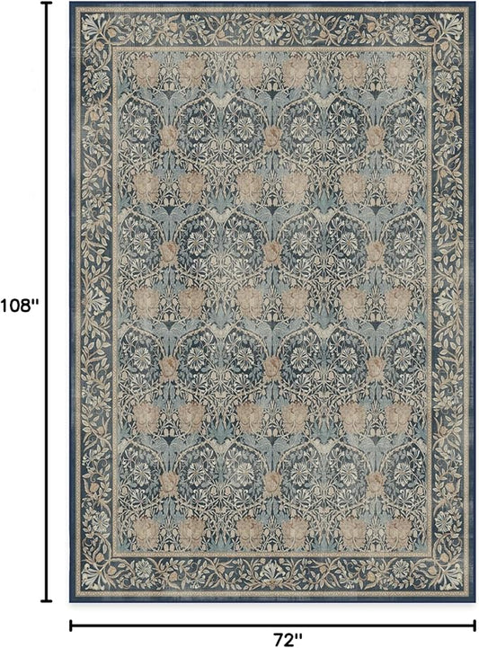 RUGGABLE x Morris & Co Washable Area Rug– Honeysuckle & Tulip Blue 6x9, Stain-Resistant, Non-Slip – Medium Machine Washable Rugs for Living Room, Bedroom, Hallway, Entryway & Office–with Standard Pad