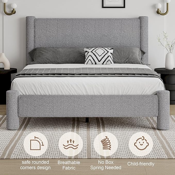 Queen Size Bed Frame, Boucle Upholstered Platform Bed with Headboard and Footboard, Soft Rounded Corners, No Box Spring Required, Easy Assembly, Light Grey