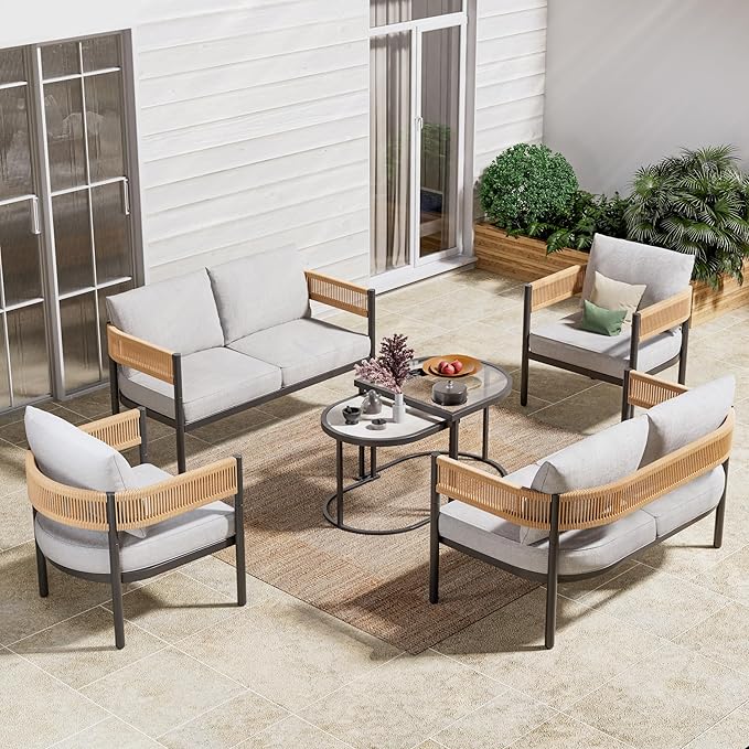 Grand patio 6-Piece Wicker Outdoor Furniture Set with Natural Thick Cushions and Coffee Table, Patio Sofa Conversation Set for Backyard, Balcony, Garden