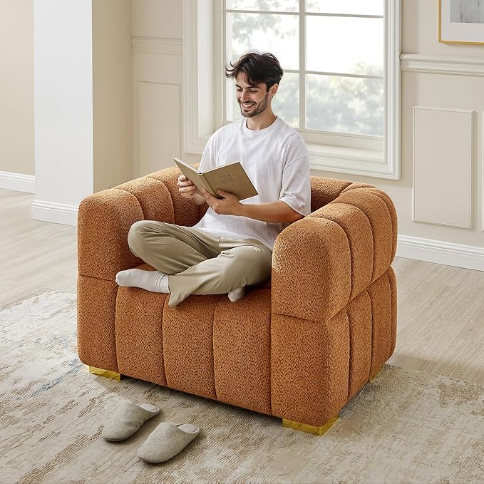 VANOMi Oversized Accent Chairs Set of 2, Boucle Arm Chair with Deep Seat, Oversized Comfy Reading Chair for Living Room, Bedroom, Office, Apartment,Curry (2 Piece)