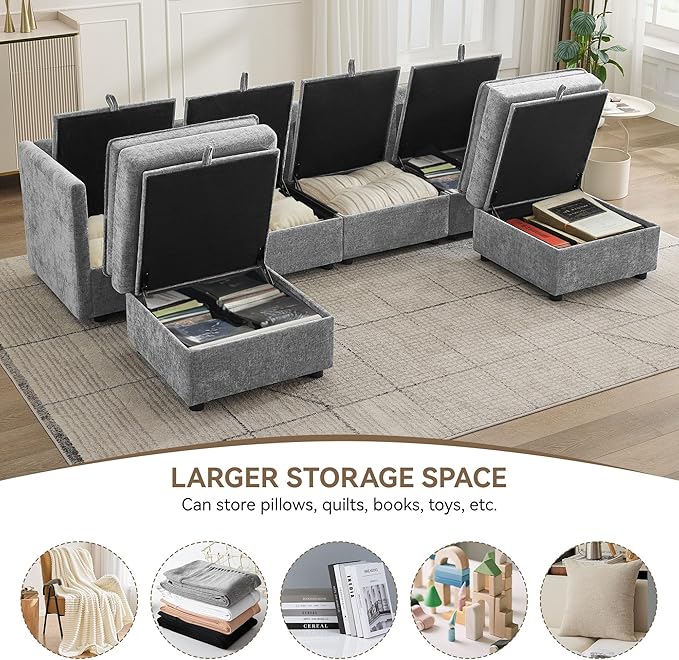 105" Cloud Modular 4 Seater Sofa with 2 Storage Ottoman, Modern Upholstered Sofa Storage Sofa Couch Deep Seat, U Shape Sectional Sofa Chenille Comfy Couch with Armrests for Living Room, Light Grey
