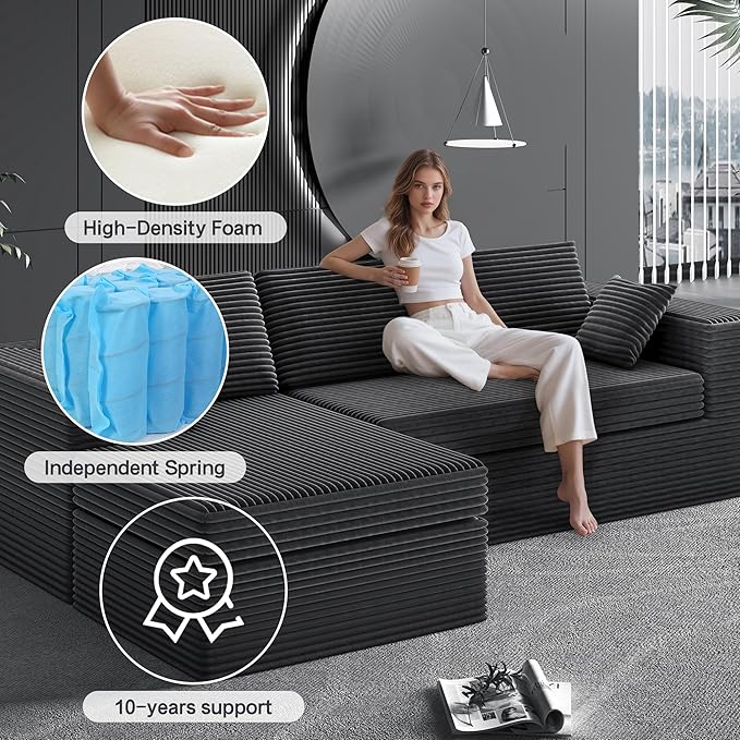 108-inch Boneless Couch for Living Room,Comfy Boneless Sofa with Deep Seats & Chaise Lounge, 3-Seat Modular Sofa Memory Foam Sectional Couches - No Assembly Required(Dark Grey)