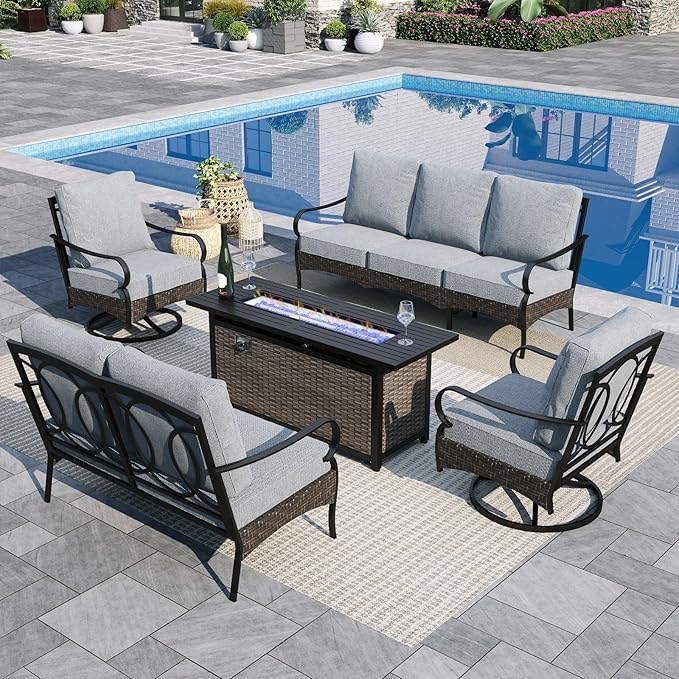 Sophia & William Patio Furniture Set with Fire Pit Table, 4PCS Metal Outdoor Conversation Set with Fire Pit Table, 2 Swivel Chairs,1 Loveseat,3-Seater Couch for Outdoor Seating,Backyard,Porch(Grey)
