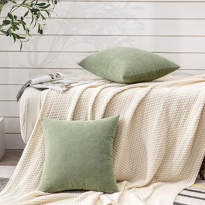 GAWAMAY Decorative Square Sage Green Throw Pillow Covers 18"x18" Inch Set of 2, Super Soft Chenille Pillows Farmhouse Fall Pillowcase for Living Room Bedroom Sofa Couch Cushion Cover 45x45cm