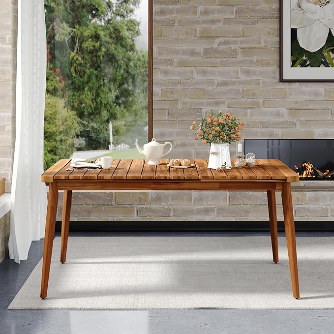 Christopher Knight Home Peggy 63" Farmhouse Patio Acacia Wood Dining Table, Indoor and Outdoor Dining Room Table for 6 Persons, Rectangular Dining Table for Backyard/Garden, Teak Brown