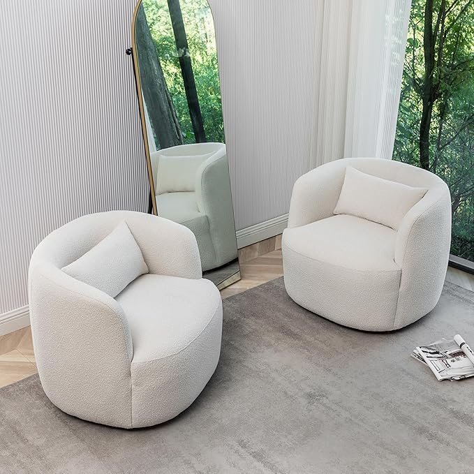 KINWELL 34" Wide Boucle Swivel Barrel Chairs Set of 2, No Assembly Round Upholstered Armchairs Accent Chairs Single Sofa Chair with Toss Pillow for Living Room and Bedroom, Beige