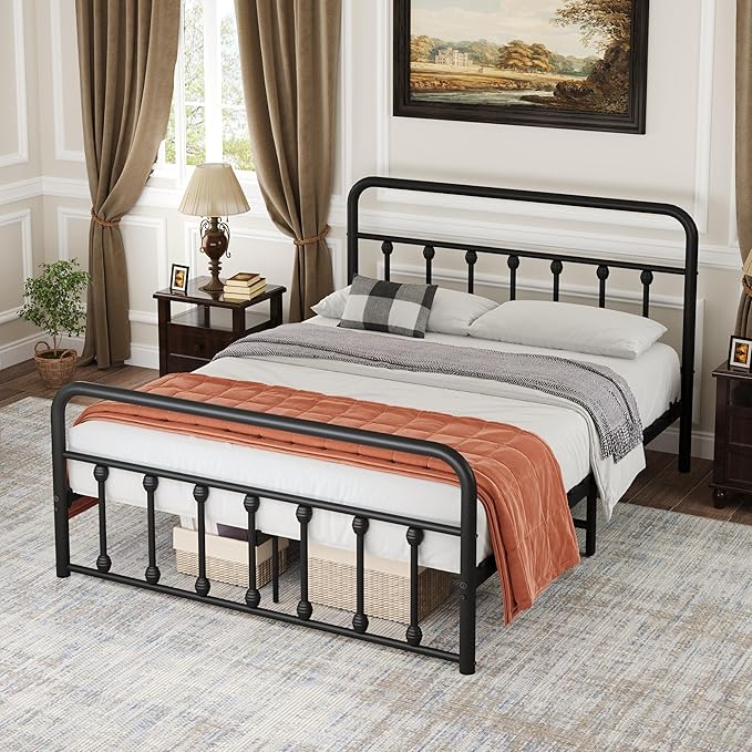 Metal Queen Single Bed Frame with Storage Space, 82.7" in Steel Bed Frame with Protective Foot Pads, Strong Bearing Capacity Queen Size Bed, Easy Assembly, Underbed Storage Space(43.3 inch)
