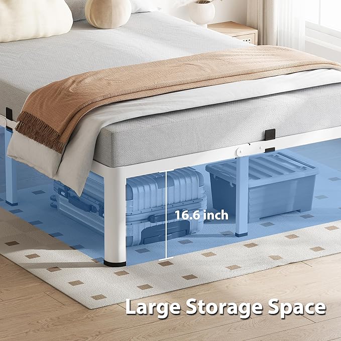 18 Inch Full Size White Bed Frame, 3500Lbs Heavy Duty Metal Platform with Round Corner Legs Mattress Slide Stopper, Steel Slat Support No Box Spring Needed, Noise Free, Non-Slip, Easy Assembly