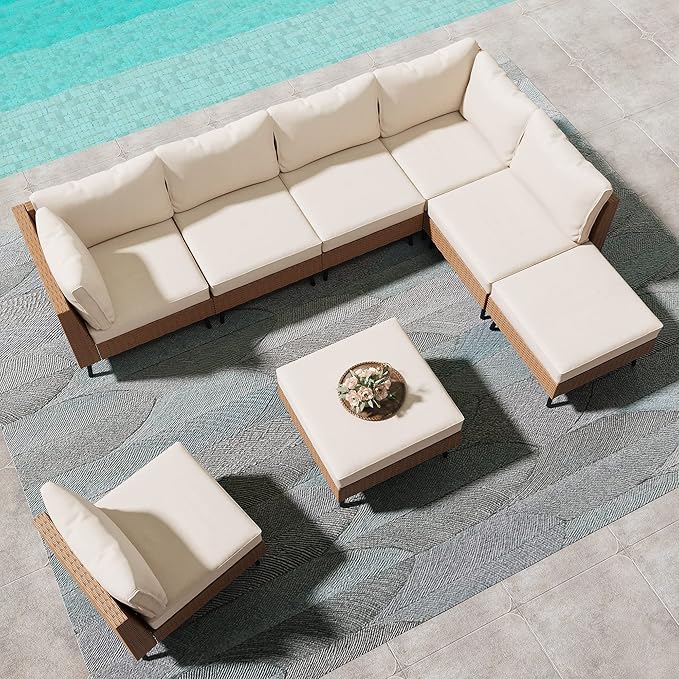 LAUSAINT HOME 9 Pieces Outdoor Patio Furniture Set with 43" Propane Gas Fire Pit Table, Outdoor Sectional Sofa PE Rattan Wicker Patio Conversation Sets with Thick Cushions(Beige