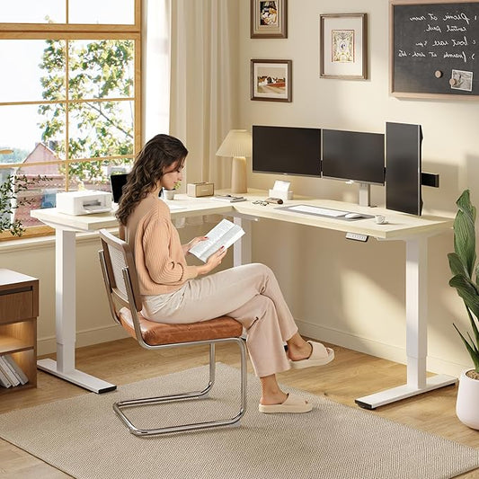SANODESK L Shaped Standing Desk Adjustable Height, Electric Corner Standing Desk, 71 x 63 inch Sit Stand Computer Table with Splice Board, Maple