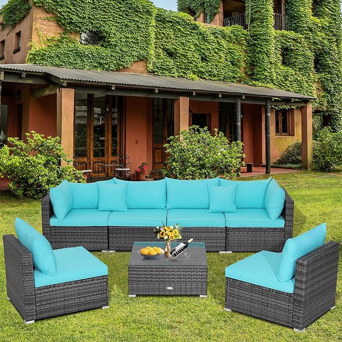 Tangkula 7 Pieces Patio Furniture Set, Patiojoy All-Weather Outdoor Rattan Sectional Sofa Set with Cushions and Tempered Glass Coffee Table, for Garden, Lawn, Backyard (Turquoise)