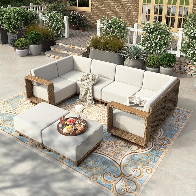 HERA'S HOUSE 8 Pieces Patio Furniture Set, 6 Sectional Outdoor Rattan Wicker Sofas with 2 Ottomans, All Weather Patio Conversation Set with 5.3" Widened Armrest, 10" Premium Ultra Thick Comfy Cushion