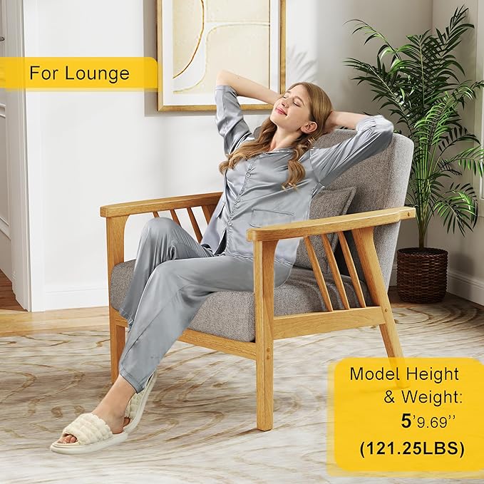 Mid-Century Modern Accent Chair, Linen Armchair and Lounge Chair with Lumbar Pillow, Wide Seat & Solid Wood Frame for Living Room, Bedroom or Balcony (Light Gray)