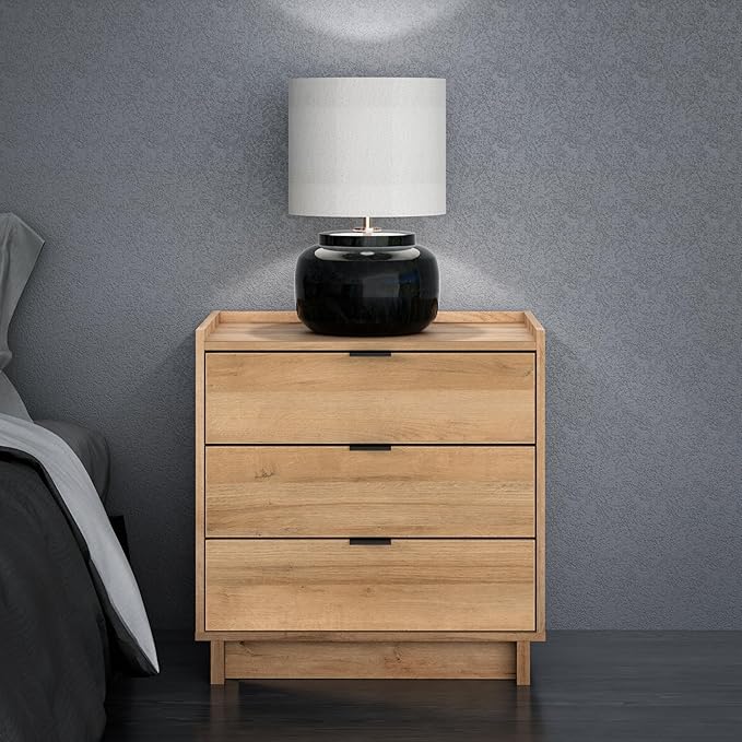 Prepac Simply Modern Nightstand Bedside Table, Natural Oak Nightstand for Bedroom, End Table with 3 Drawers 26.5" W x 26.75" H x 16" D
