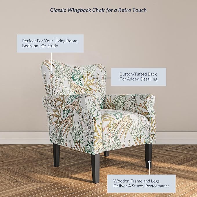 BELLEZE Modern Accent Chair for Living Room, High Back Linen Armchair with Wooden Legs, Upholstered Wingback Side Chair Padded Armrest Single Sofa for Living Room, Bedroom - Allston (Green Coral)