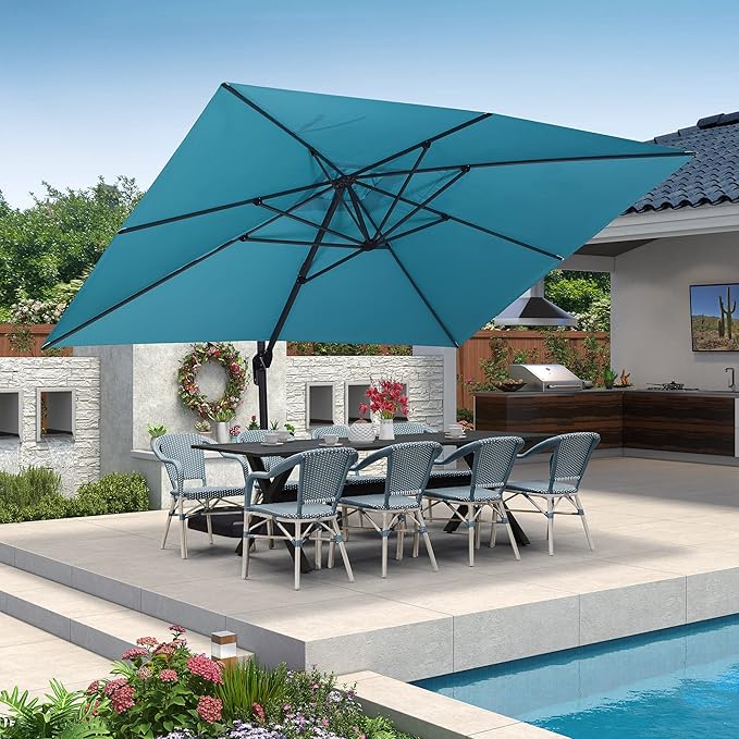 PURPLE LEAF 7 Pieces Outdoor Dining Set Patio Furniture Set with Large Aluminum Table and French Wicker Chairs for Garden Backyard Light Blue Patio Dining Set