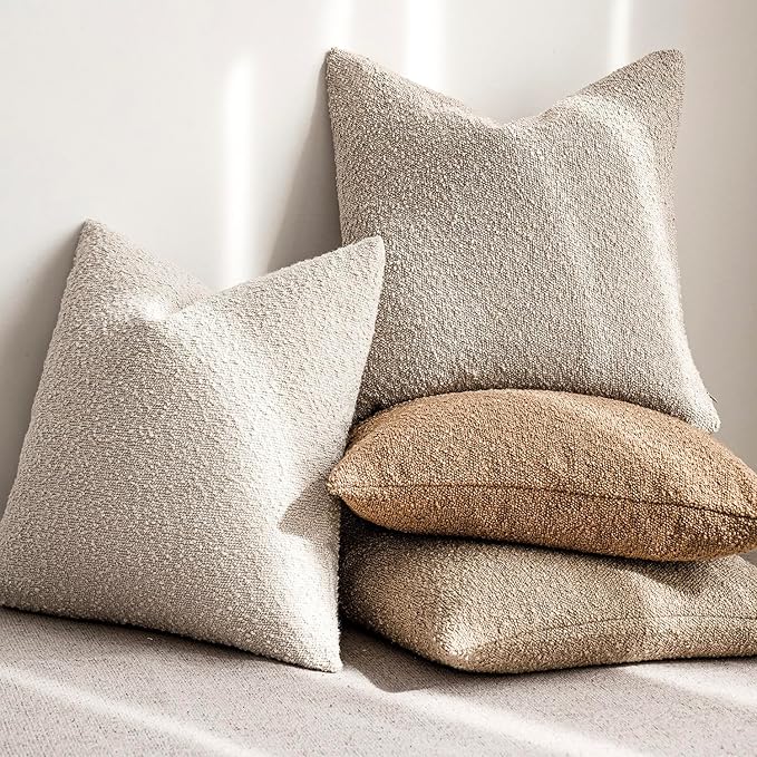 Foindtower Pack of 2, 20 x 20 Inch, Decorative Textured Boucle Throw Pillow Covers Accent Solid Pillow Cases Cozy Soft Couch Cushion Case for Chair Sofa Bedroom Living Room Home Decor, Beige