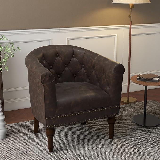 Lumibee Faux Leather Barrel Chair, Upholstered Accent Chair for Living Room, Modern Comfy Club Armchair for Office, Bedroom, Waiting Room-Chocolate
