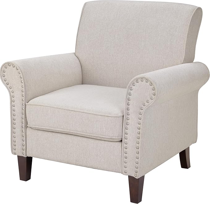 PrimeZone Comfy Accent Chair, Mid-Century Modern Fabric Living Room Chair Reading Chair with Soft Cushion, Nailhead Trim & Rolled Armrest, Arm Chair Sofa Chairs for Bedroom Waiting Room Office, Beige