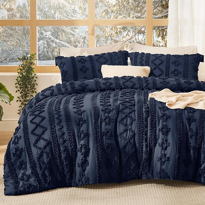 Bedsure Tufted Boho Comforter Set King Size - Navy Boho Bed Set, GentleSoft™ 3 Pieces Farmhouse Shabby Chic Embroidery Bedding, Gifts for Woman, Soft Jacquard King Comforter for All Seasons