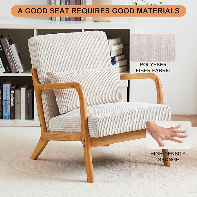Accent Chairs, Set of 2 Mid-Century Modern Chair with Pillow, Armchair with Solid Wood, Reading Relaxing Leisure Chair for Living Room,(Beige)