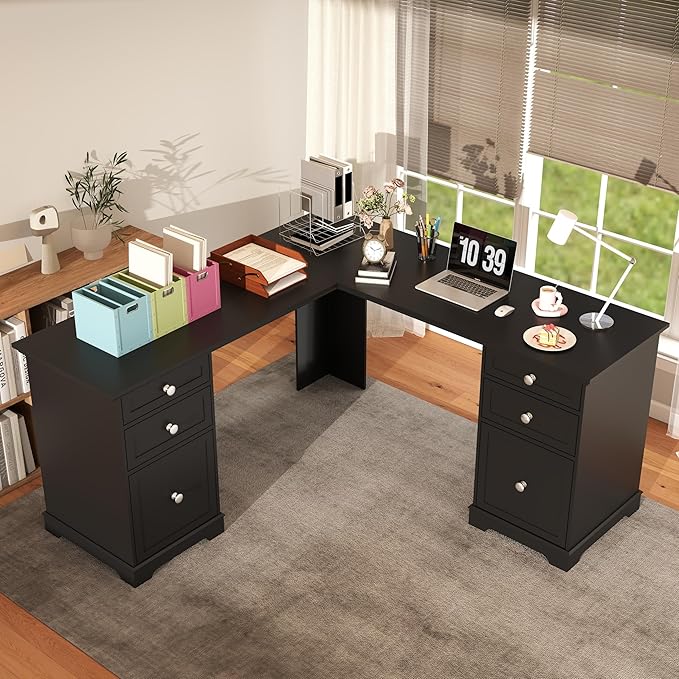 L Shaped Exective Desk with Drawers and File Drawers: 60" Country Vintage Desk for Home Office, Gaming Computer Desks with Storages(Black)