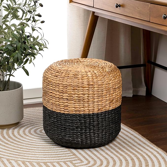 JONATHAN Y TBL2500A Aimee 15.7" Modern Minimalist Two-Tone Hand-Woven Hyacinth Ottoman for Living Room, Bedroom, Entryway, Foyer, Natural Seagrass Foot Stool, Handwoven Footrest, Natural/Black