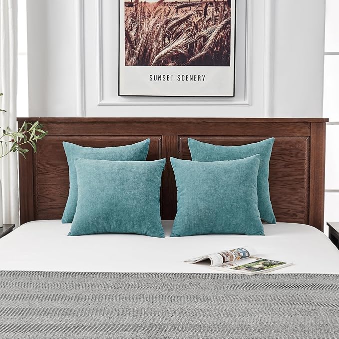 GAWAMAY Decorative Square Throw Pillow Covers 18"x18" Inch Set of 4, Super Soft Chenille Pillows Farmhouse Fall Pillowcase for Living Room Bedroom Sofa Couch Cushion Cover Smoke Blue 45x45cm