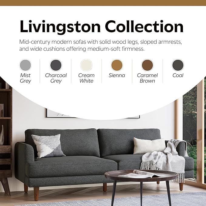 SIMPLIHOME Livingston 76-inch Wide Sofa in Charcoal Grey Woven-Blend Fabric, Handcrafted Loveseat Couch for Living Room or Family Room, Mid-Century Modern Style, Solid Wood Frame