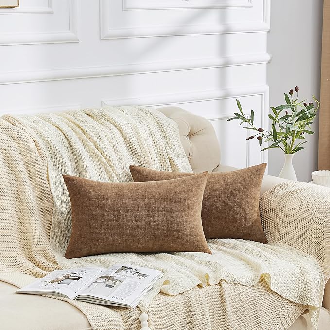GAWAMAY Lumbar Decorative Throw Pillow Covers 12"x20" Inch Set of 2, Super Soft Chenille Rectangle Pillowcase for Living Room Bedroom Sofa Couch Cushion Support Pillow Cover 30x50cm Brown (No Insert)