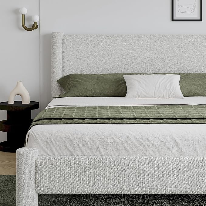 King Size Bed Frame, Boucle Upholstered Platform Bed with Headboard and Footboard, Soft Rounded Corners, No Box Spring Required, Easy Assembly, White